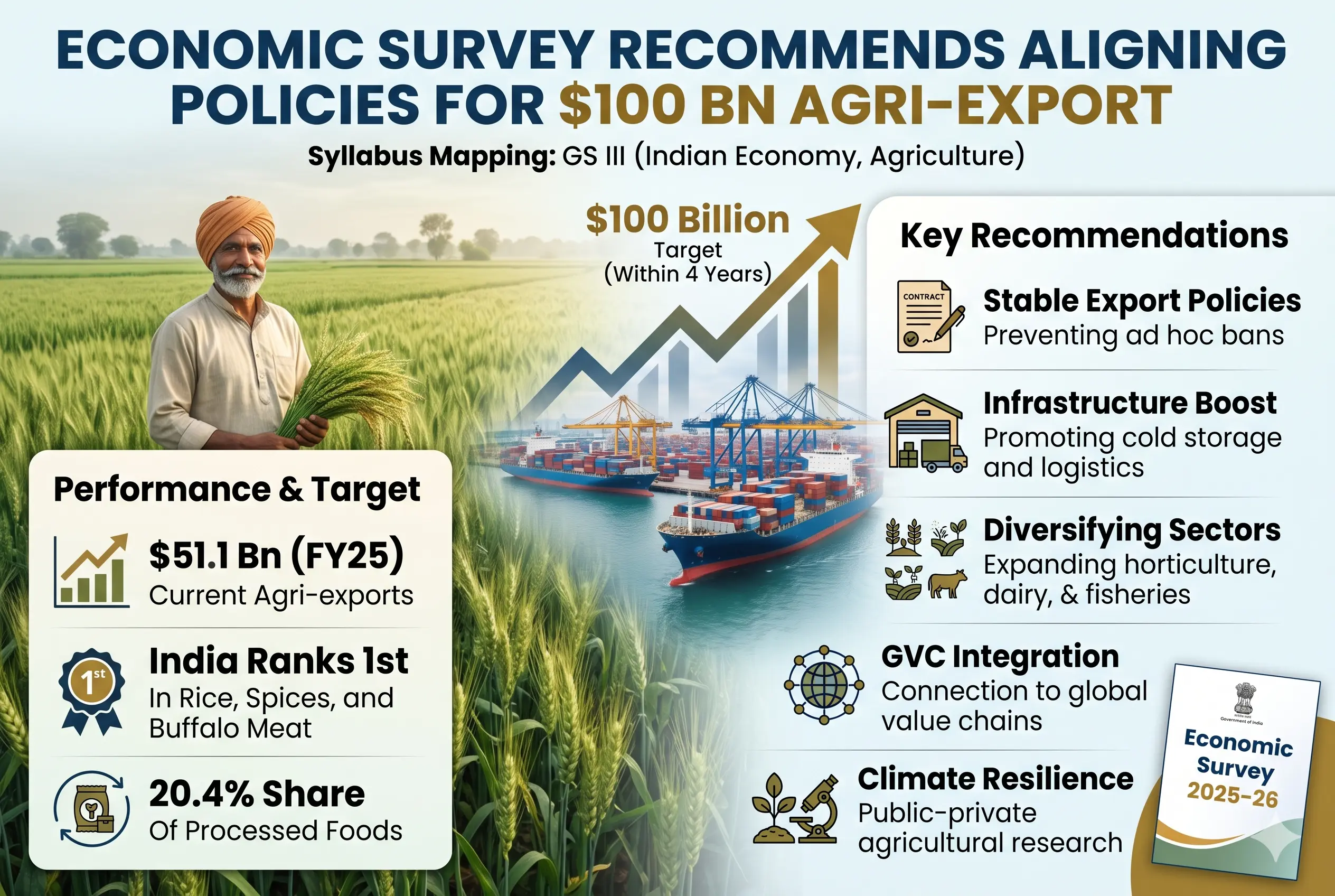 Economic Survey Recommends Aligning Policies for $100 Bn Agri-Export